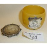 Ivorine napkin ring with hallmarked silver crest, 1819 George III silver half crown brooch (