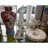 Chinese porcelain teapot (no lid and repaired), Victorian plates painted with birds, and a pair of