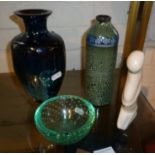 Art glass vase, another, a Whitefriars ashtray and a soapstone figure