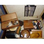 Leather suitcase of assorted items, inc. Mauchlineware, Tunbridgeware style box, faux