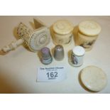 Cantonese carved sewing clamp, thimbles, inc. silver enamel, and a Chinese bone cruet set