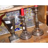 Pair of Victorian silver-plated telescopic candlesticks and a 1950's silver-plated cycling trophy