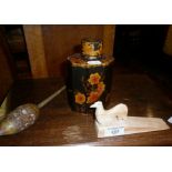 Oriental lacquered tea caddy and a painted wood Indian rattle