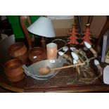 Three metal wall lights, carved wooden tray and other items