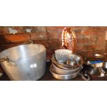 Large aluminium jam pan and assorted stainless steel bowls etc.