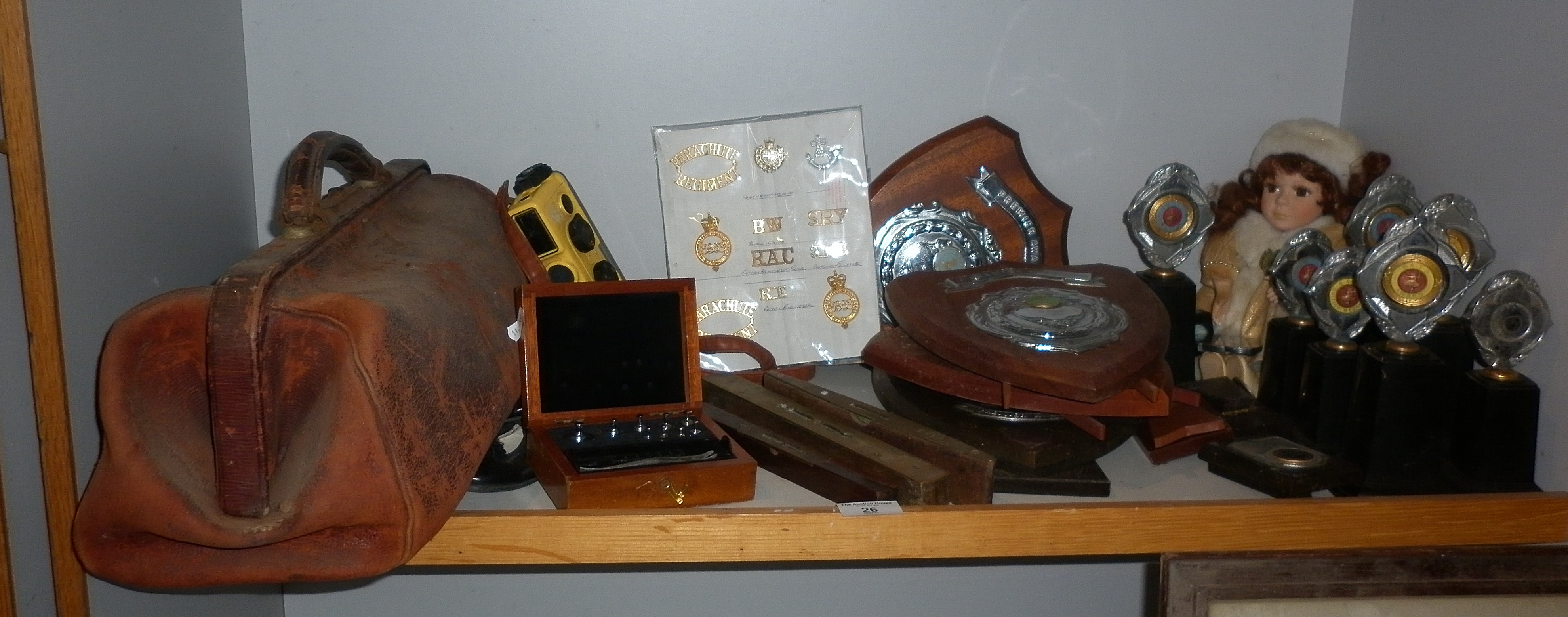 Assorted items inc. three brass bound levels, a Gladstone bag, cased weights, etc.
