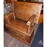 Carved oak monk's bench hall seat, 27" wide
