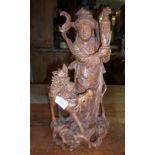 Chinese carved hardwood figure of a lady with a deer, 42cm