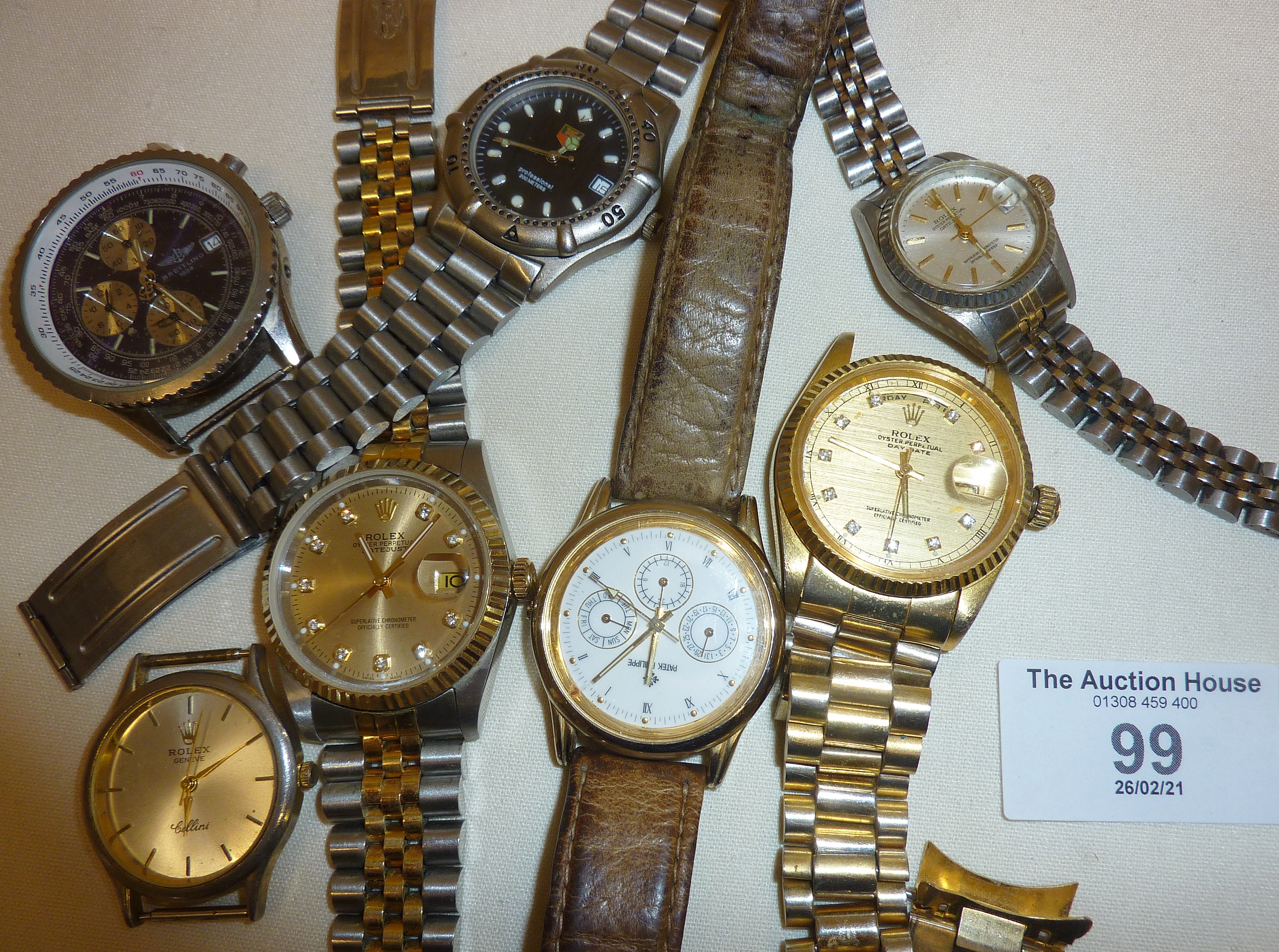 Collection of Breitling and Rolex replica wrist watches