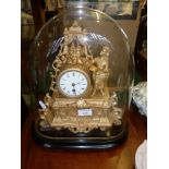 19th c. French gilt mantle clock, under dome, surmounted by figure of a girl directing a play with