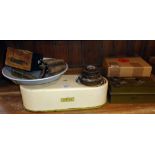 Pre-war Harper enamel kitchen scales and weight, an Ogee razor strop in box, a cash tin and a pair