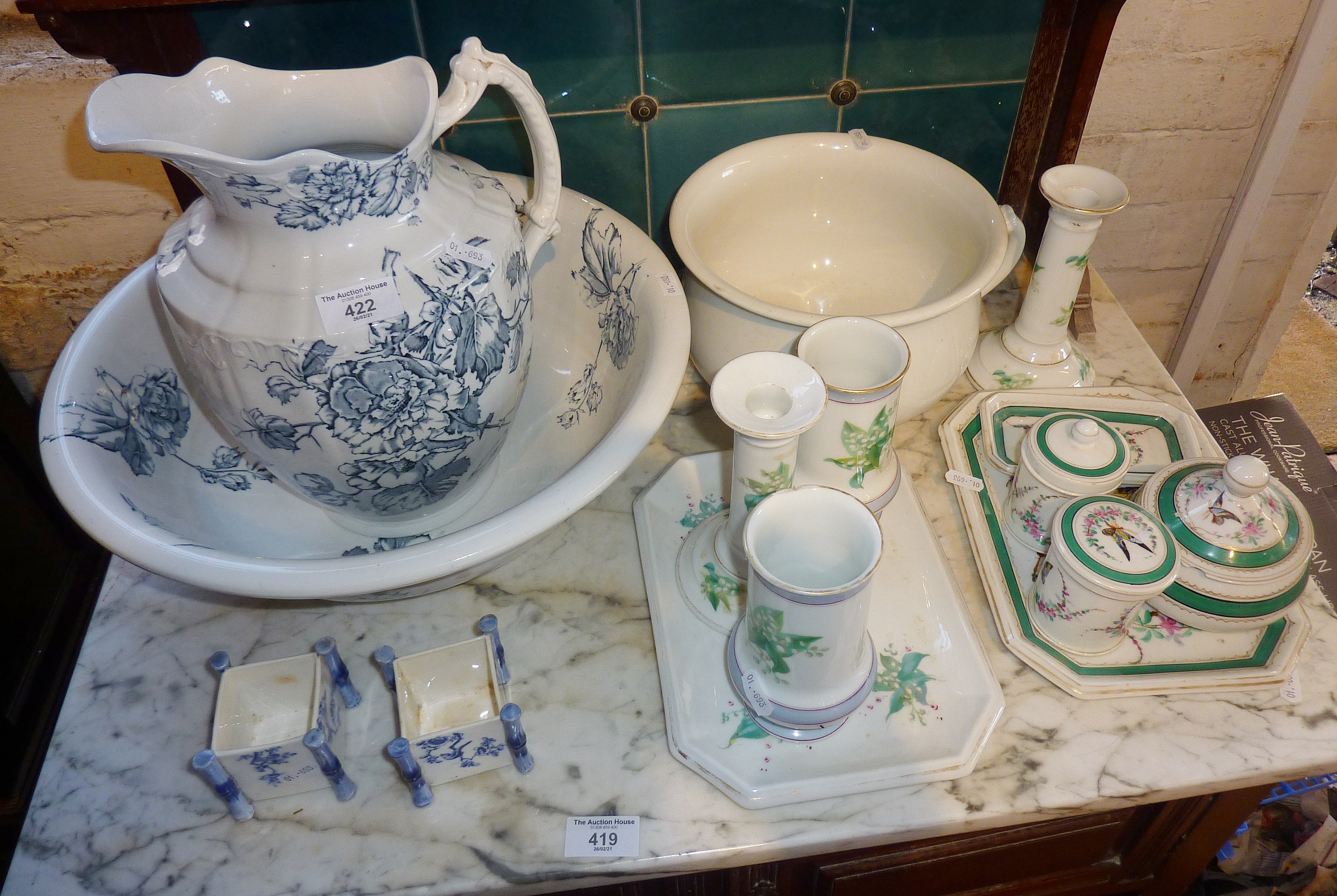 Victorian jug and basin, two part dressing table sets and two Copeland flower pots