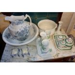 Victorian jug and basin, two part dressing table sets and two Copeland flower pots