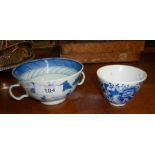 Chinese blue and white tea bowl with 4 character mark and a two-handled cup