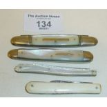 Four antique fruit or pocket knives with mother-of-pearl handles
