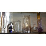 Shelf of Art Glass, inc. amethyst Caithness vase engraved with a thistle, vintage large glass dump