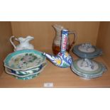 Two Persian style pottery dishes, two pottery lidded bowls with frog handles etc.