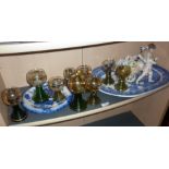 Nine assorted German hock glasses having gold vine leaf decoration and green stepped stems, a Willow