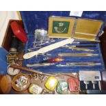 Draughtsman's set, Gramophone needle tins and contents, desktop items, letter opener, compass,