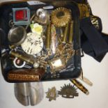 Penknives, a couple of cap badges, modernist white metal buckle, jewellery, Estee Lauder compact,