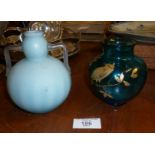 Victorian satin glass bottle and a gilded blue glass vase