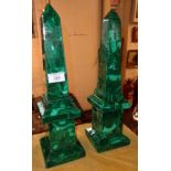 Impressive pair of malachite desktop obelisks, 15" high
