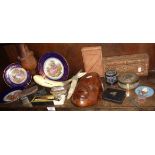 Assorted items, inc. boxes, tribal mask, cabinet plates, cigar cutter and lighter, etc.