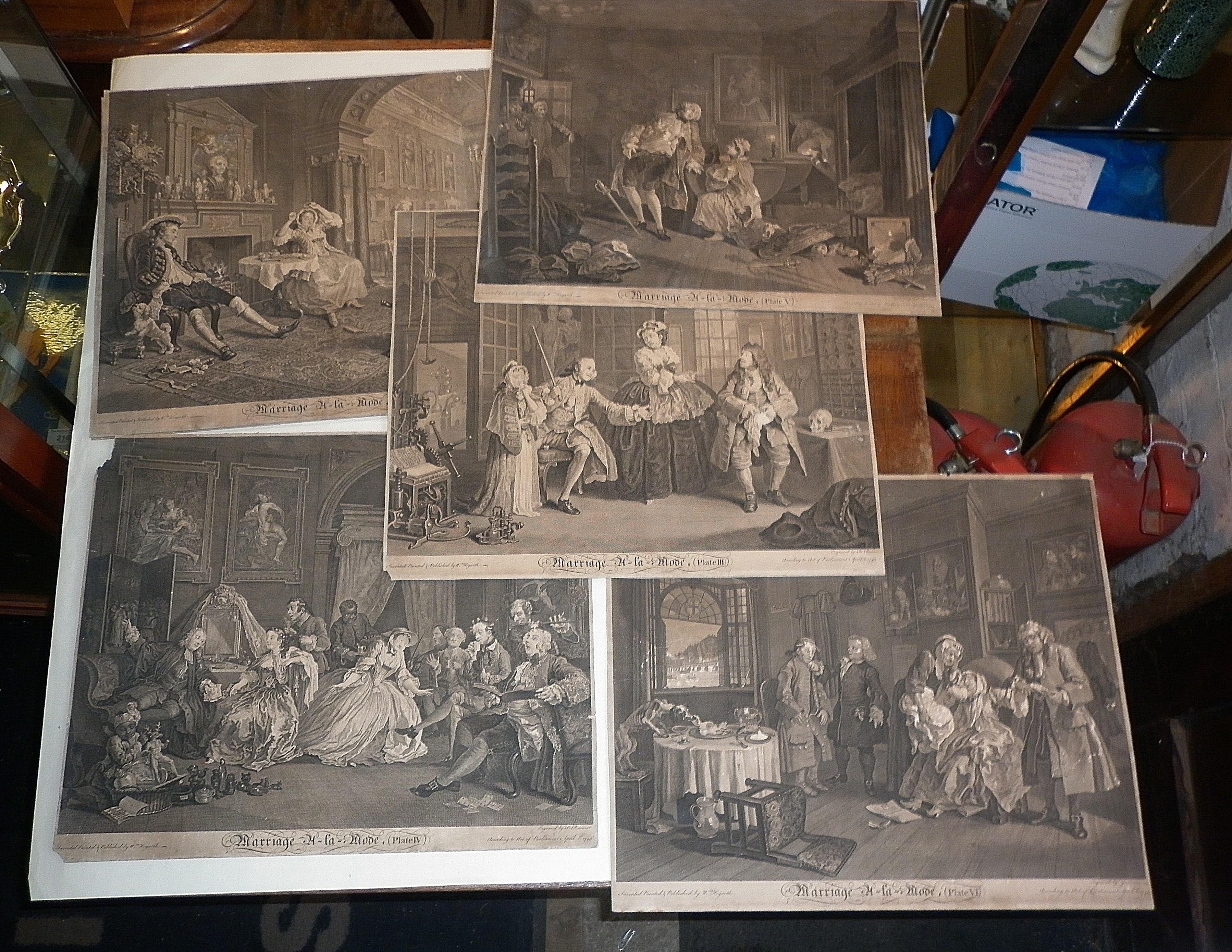 Set of six engravings 1745 of Marriage-A-la-Mode by William Hogarth, 15" x 18" each mounted on card