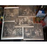 Set of six engravings 1745 of Marriage-A-la-Mode by William Hogarth, 15" x 18" each mounted on card