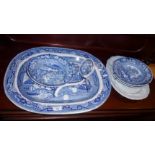 Large Victorian blue and white transfer printed meat platter, similar ladle and four plates
