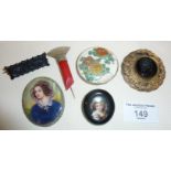 Antique and other brooches, inc. Satsuma (restored), painted miniature of lady on mother-of-pearl (