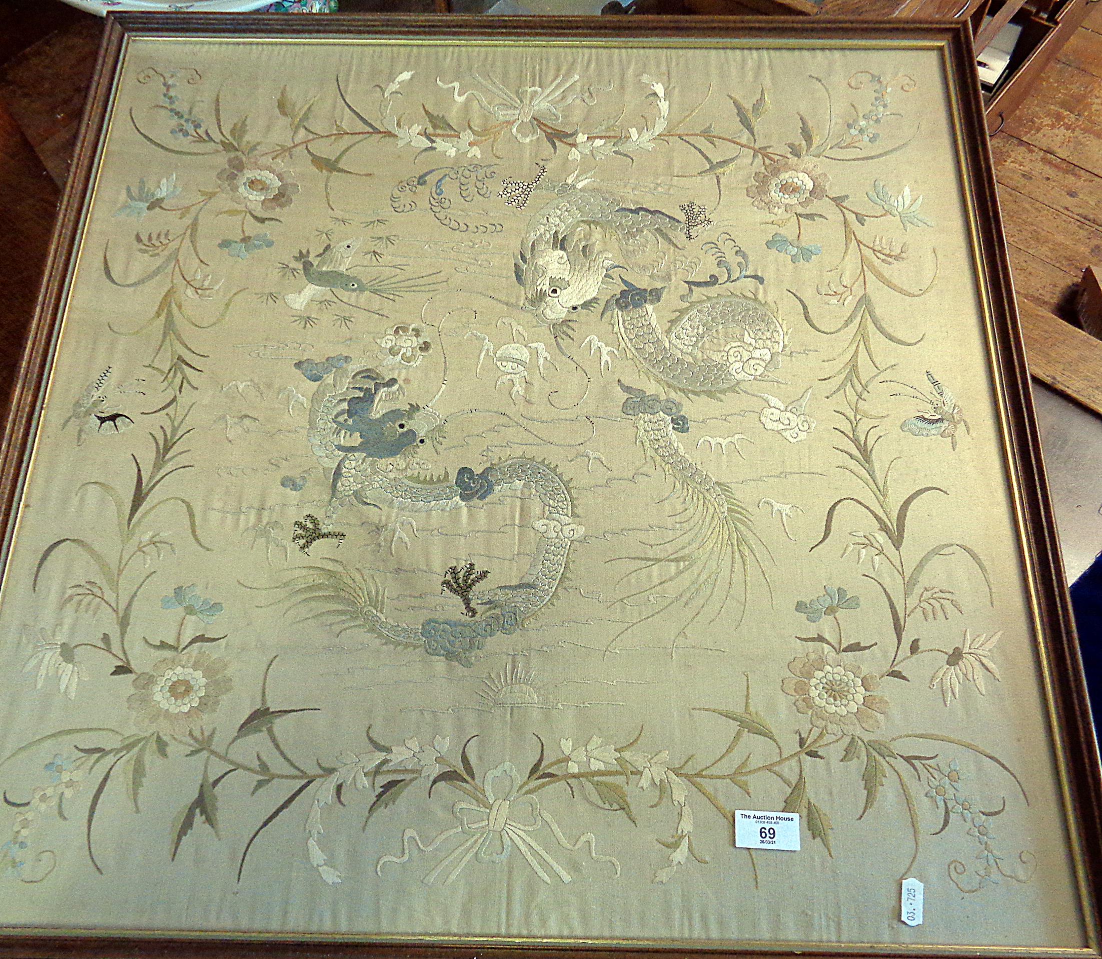 Early 20th c. Chinese embroidered silk picture of dragons framed, 72cm x 72cm