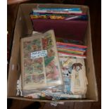 Box of assorted vintage Beano and Dandy comics, annuals, Ladybird books and plastic farm animals