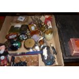 Large box of miscellaneous items, inc. compacts, bracket candlesticks, riding crop etc. and a
