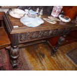 Victorian carved oak hall table with drawer on bulbous legs, 35" wide x 14" deep x 30" high
