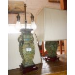 Pair of Chinese relief bronze table lamps with shades