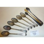 Set of six silver teaspoons and matching sugar tongs with scalloped bowls - Sheffield 1908, Isaac