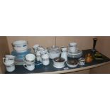 Shelf of assorted ceramics including two pot lids etc