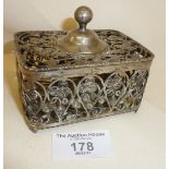 Antique silver filigree box made from Indian chuckram coins. Top 9 x 6cm, 5cm high (approx 142g)