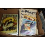 Box of antique and vintage ephemera, magazines, newspapers, Edwardian scrap album etc.