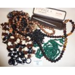 Various vintage beaded necklaces, including malachite, together with a Parker ballpen