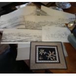 Interesting group of four naive panoramic ink wash drawings of landscapes with temples and a small
