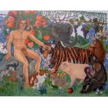 A gouache painting by David Pole of a portrait of the Naked Gardener, Ian Pollard as Adam in the