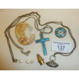 Antique jewellery, some silver chains, enamel crucifix, Roman soldier cameo, yellow metal 'cat in