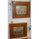 Pair of 19th c. colour engravings of interior scenes with figures in Tunbridge ware type frames