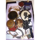 Box of vintage and antique jewellery including coin bracelets, cased Venus Boudoir Razor, badges,
