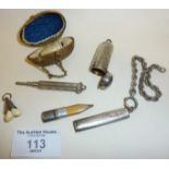 Items for chatelaine, including an egg-shaped thimble holder, an engraved silver etui