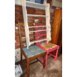Painted pine wall shelves and two chairs