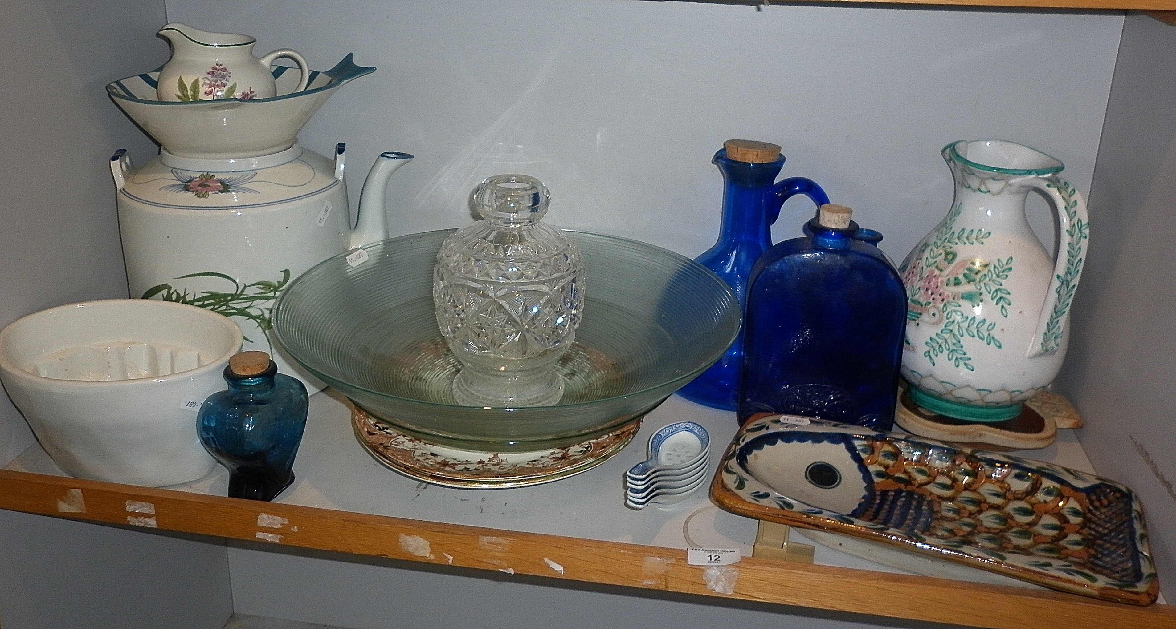 Assorted pottery and glass including large glass salad bowl