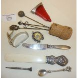 Mixed lot antique silver, inc. hatpins, Cranberry glass posy holder, Georg Jensen butter knife,
